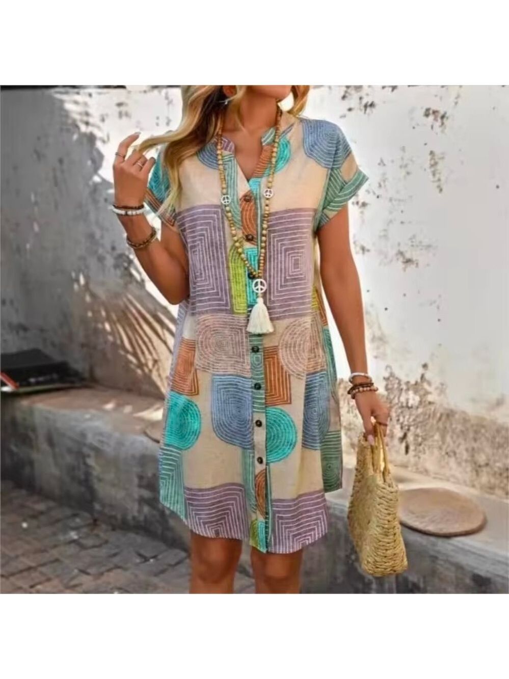 Geometric Colorful Button Up Dress V Neck Size Medium GUC - Picture 3 of 7